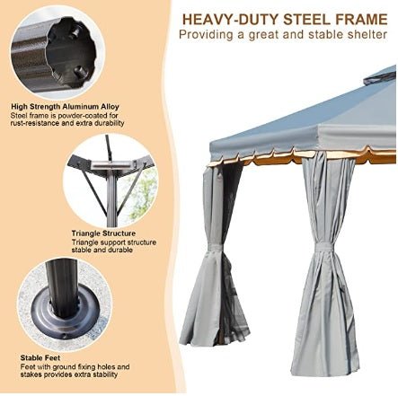 10' x 12' Outdoor Canopy Gazebo, Double Roof Patio Gazebo Steel Frame with Netting and Shade Curtains for Garden, Patio, Party Canopy, Grey