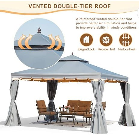 10' x 12' Outdoor Canopy Gazebo, Double Roof Patio Gazebo Steel Frame with Netting and Shade Curtains for Garden, Patio, Party Canopy, Grey