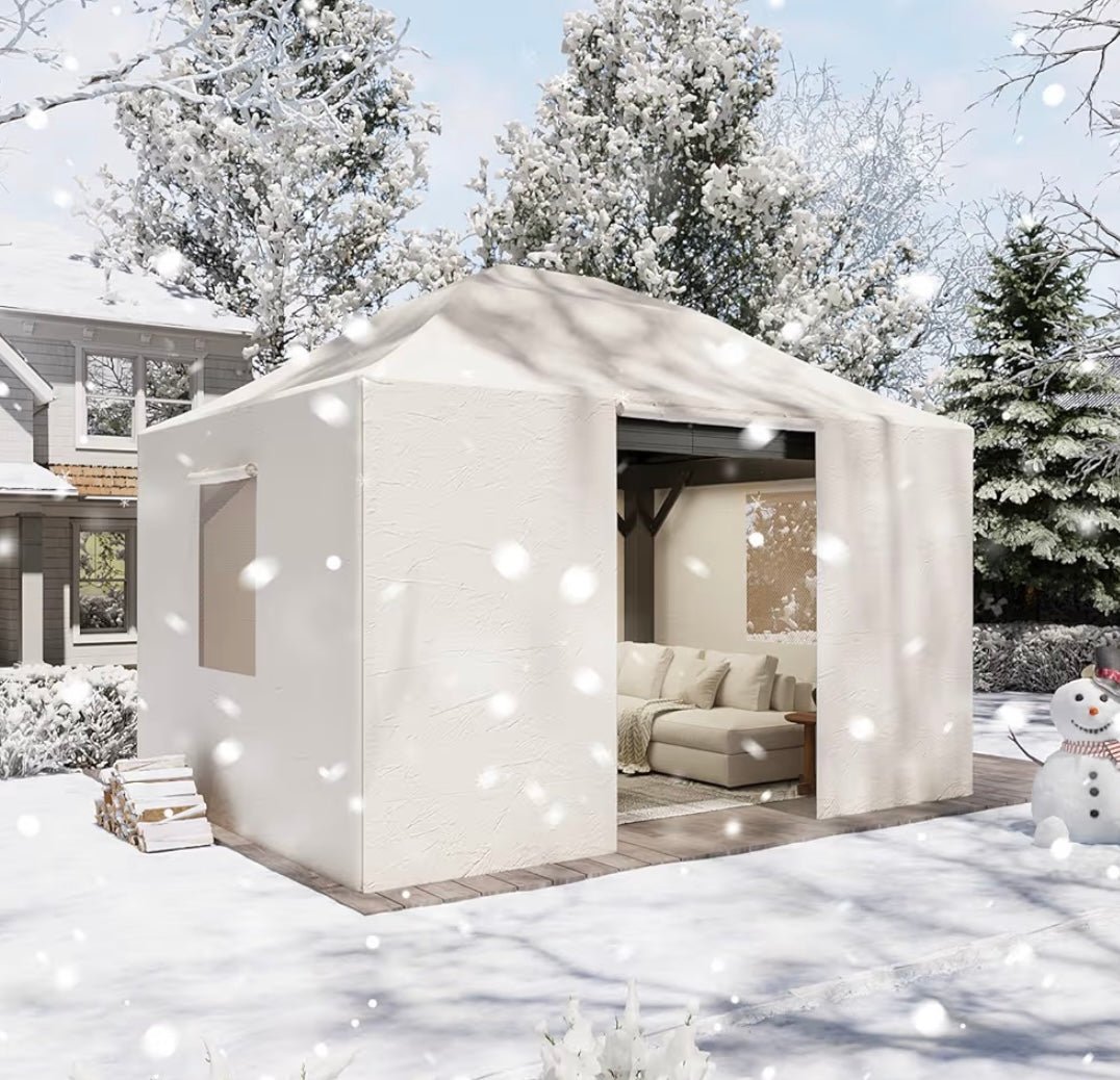 10' x 12' Universal Winter Cover for Hardtop Gazebos,Outdoor Gazebo Cover with Sidewalls and Mesh Windows, All Season Waterproof Enclosed Canopy Covers, Beige(Gazebo not Included)