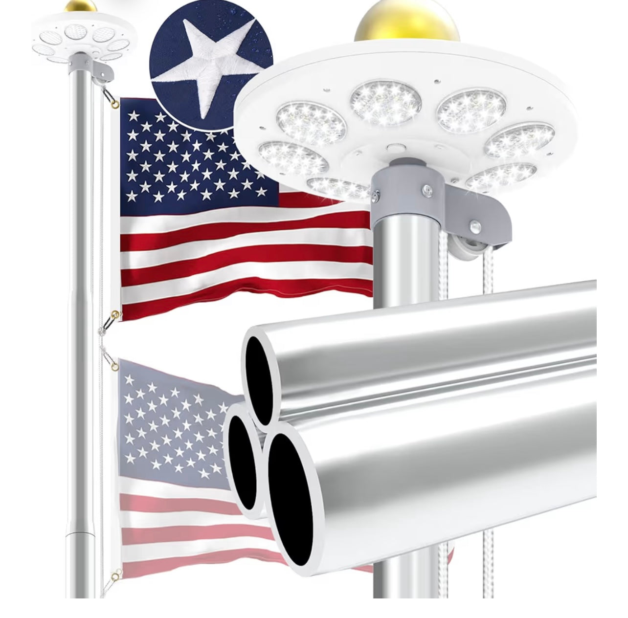 Upgraded 9 Gauge Heavy Duty Flag Pole Kit with 136 LED Ultra Bright Solar Light, 20FT 120 MPH Flagpole for Outside House in Ground, Bottom 3 mm Thick & 3 in Wide, 300D Thick Flag, Silver