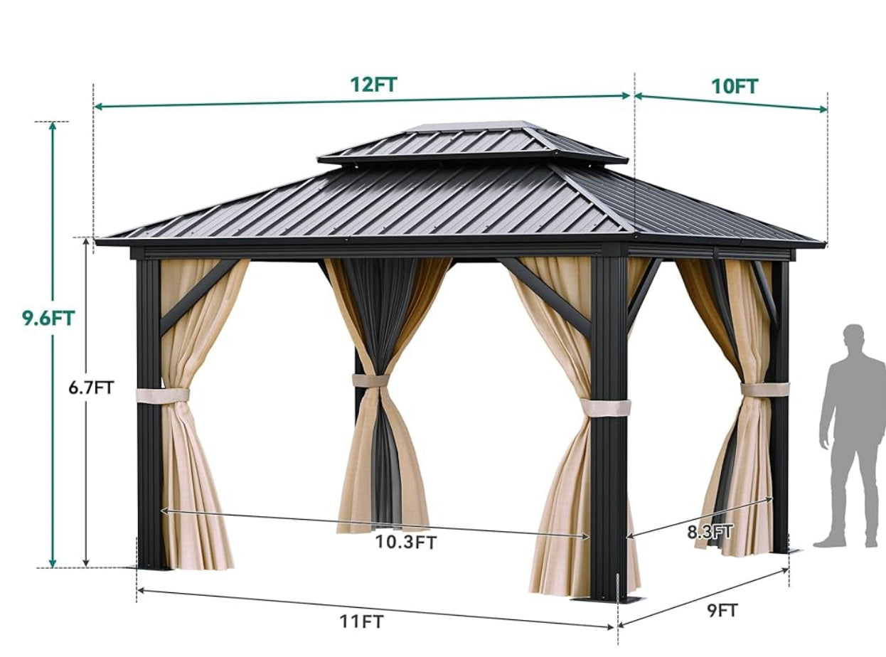 10x12ft Gazebo Hardtop Double Roof Canopy w/Netting and Curtains, Outdoor Gazebo 2-Tier Galvanized Iron Aluminum Frame Garden Tent for Patio, Backyard, Deck and Lawns, Brown