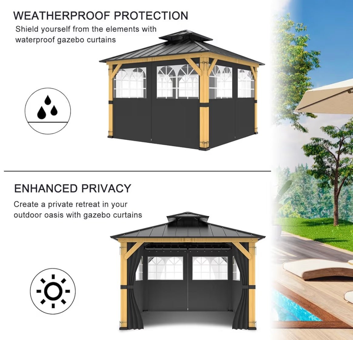 10ft x 12ft Gazebo Curtains,Privacy Replacement Sidewall with Church Window,4-Panel Universal Shade Curtains Set,Protecting Side Walls (Only Curtain) Black