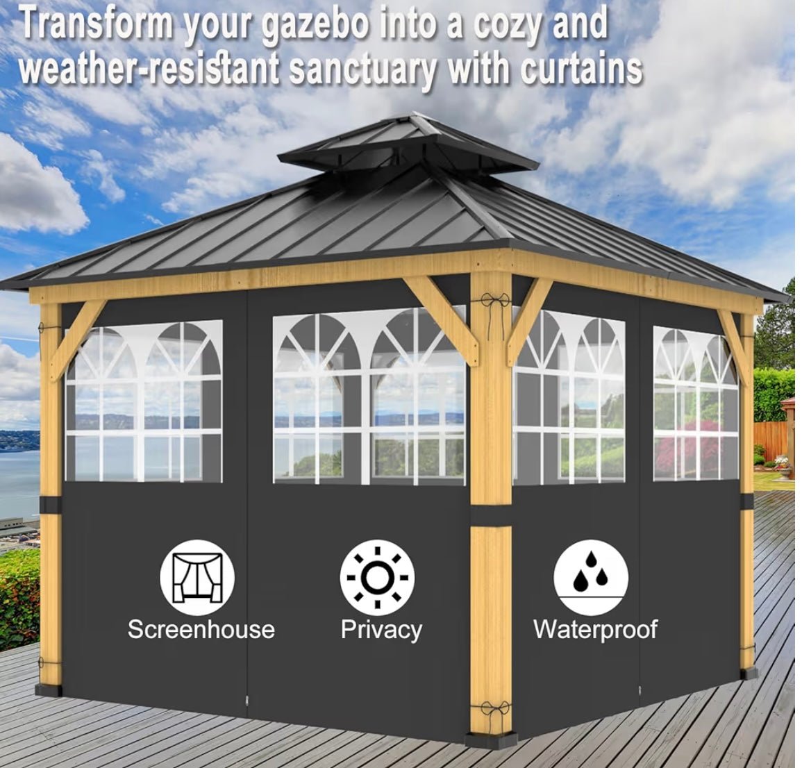 10ft x 12ft Gazebo Curtains,Privacy Replacement Sidewall with Church Window,4-Panel Universal Shade Curtains Set,Protecting Side Walls (Only Curtain) Black