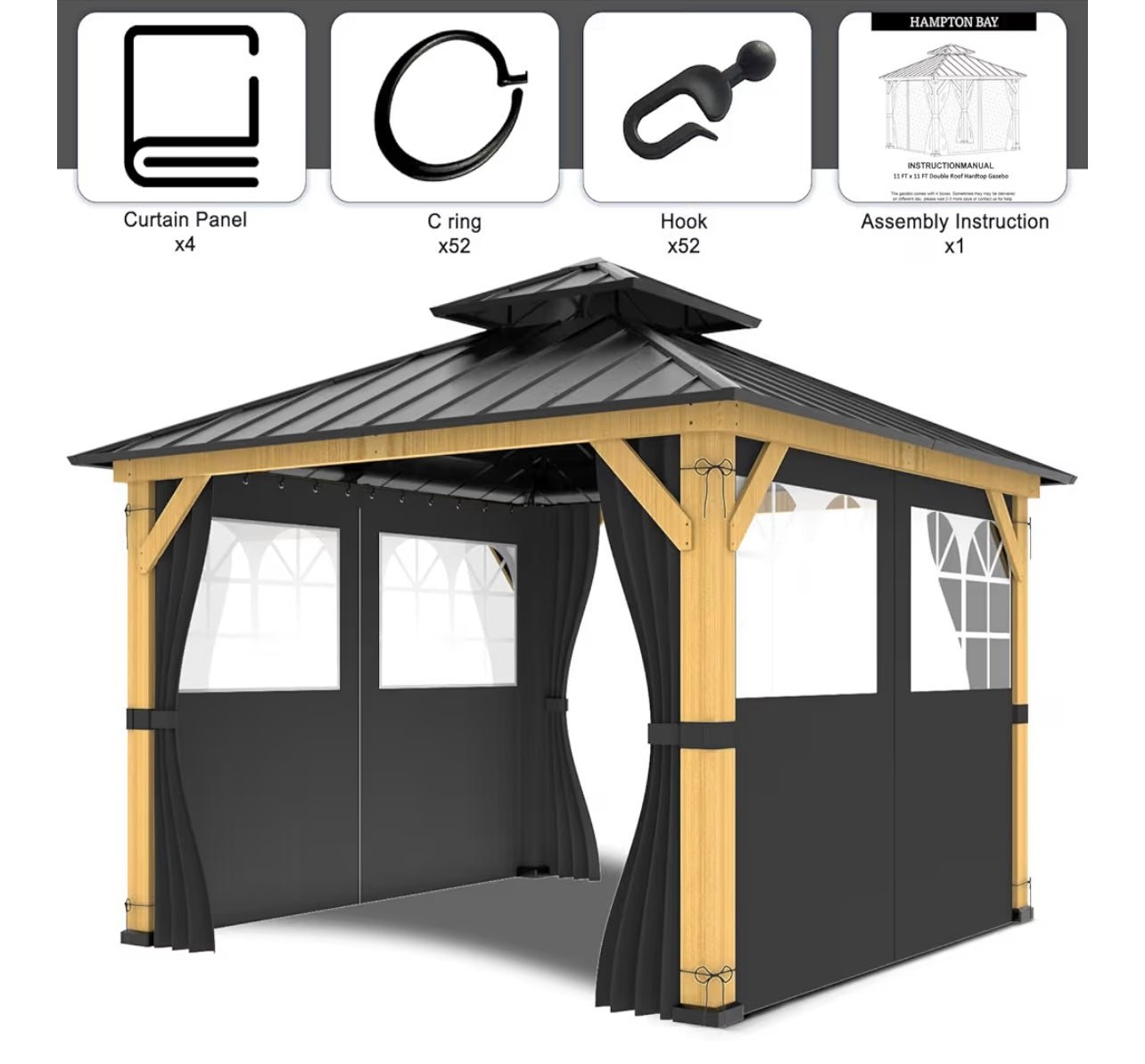 10ft x 12ft Gazebo Curtains,Privacy Replacement Sidewall with Church Window,4-Panel Universal Shade Curtains Set,Protecting Side Walls (Only Curtain) Black