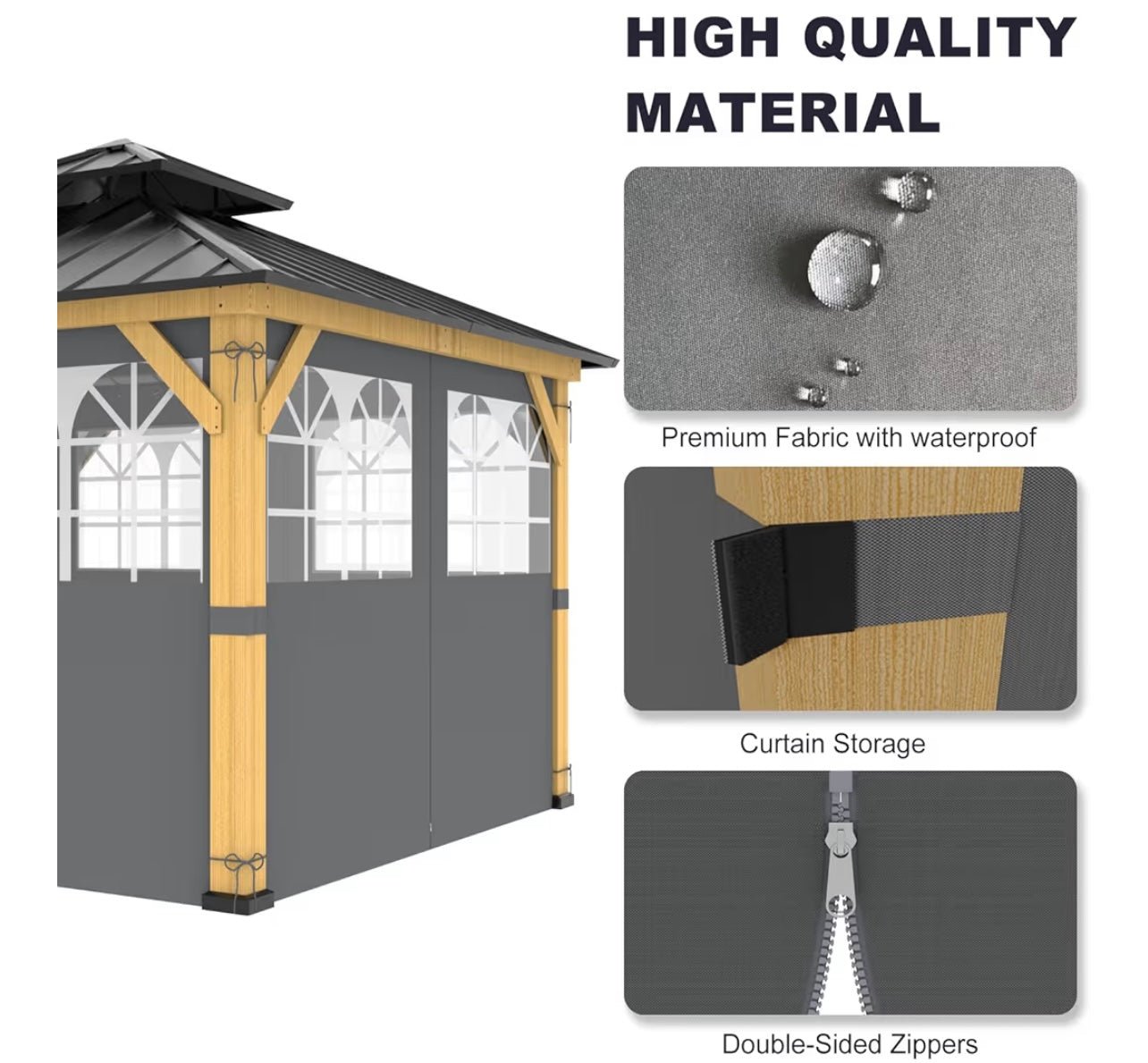 10ft x 12ft Gazebo Curtains,Privacy Replacement Sidewall with Church Window,4-Panel Universal Shade Curtains Set,Protecting Side Walls (Only Curtain) Gray