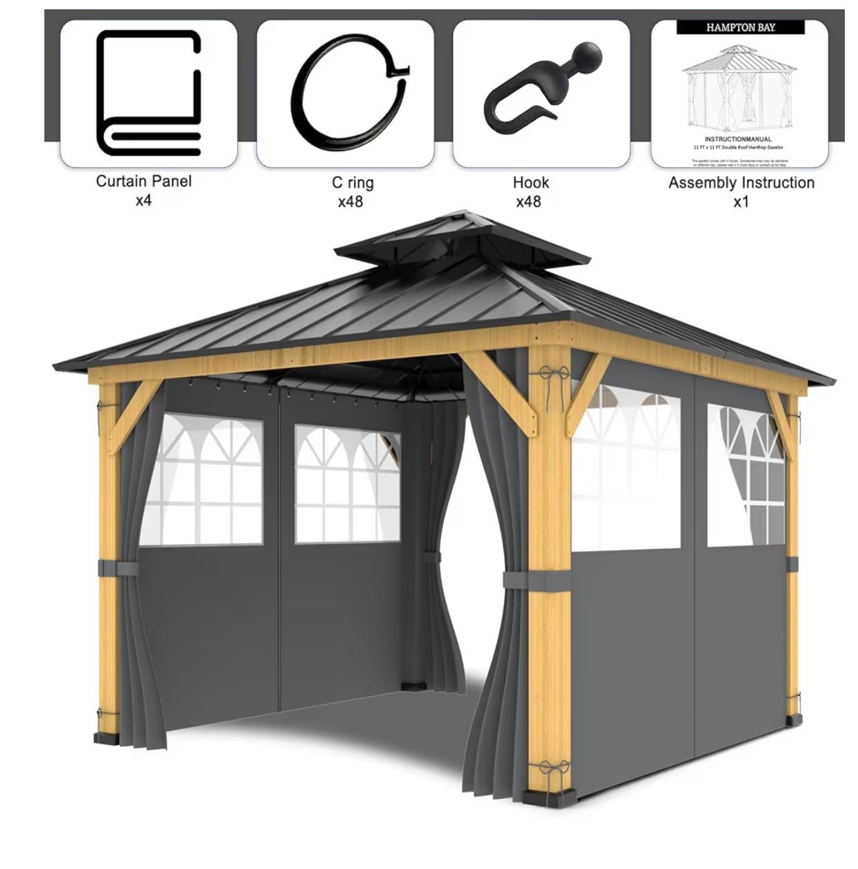 10ft x 12ft Gazebo Curtains,Privacy Replacement Sidewall with Church Window,4-Panel Universal Shade Curtains Set,Protecting Side Walls (Only Curtain) Gray