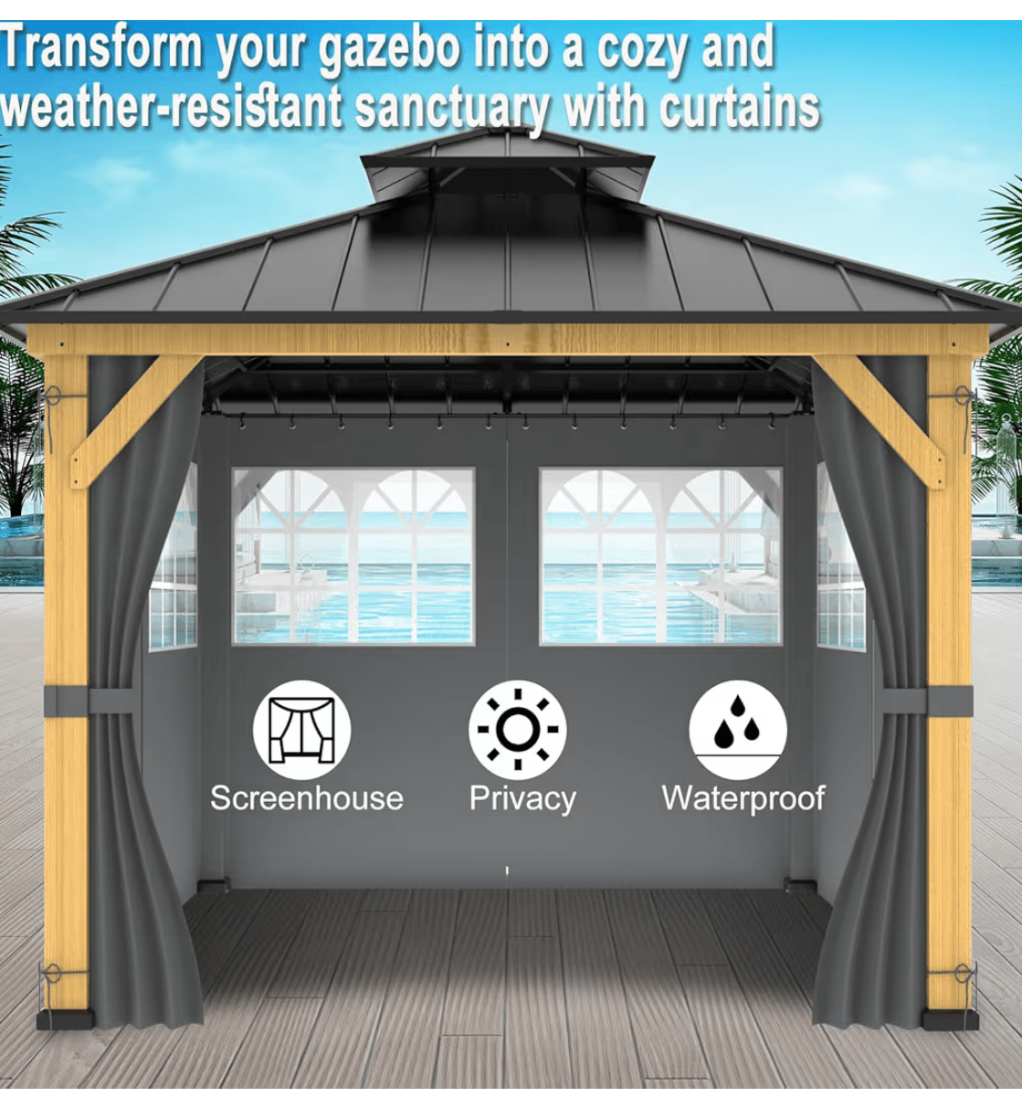 10ft x 12ft Gazebo Curtains,Privacy Replacement Sidewall with Church Window,4-Panel Universal Shade Curtains Set,Protecting Side Walls (Only Curtain) Gray