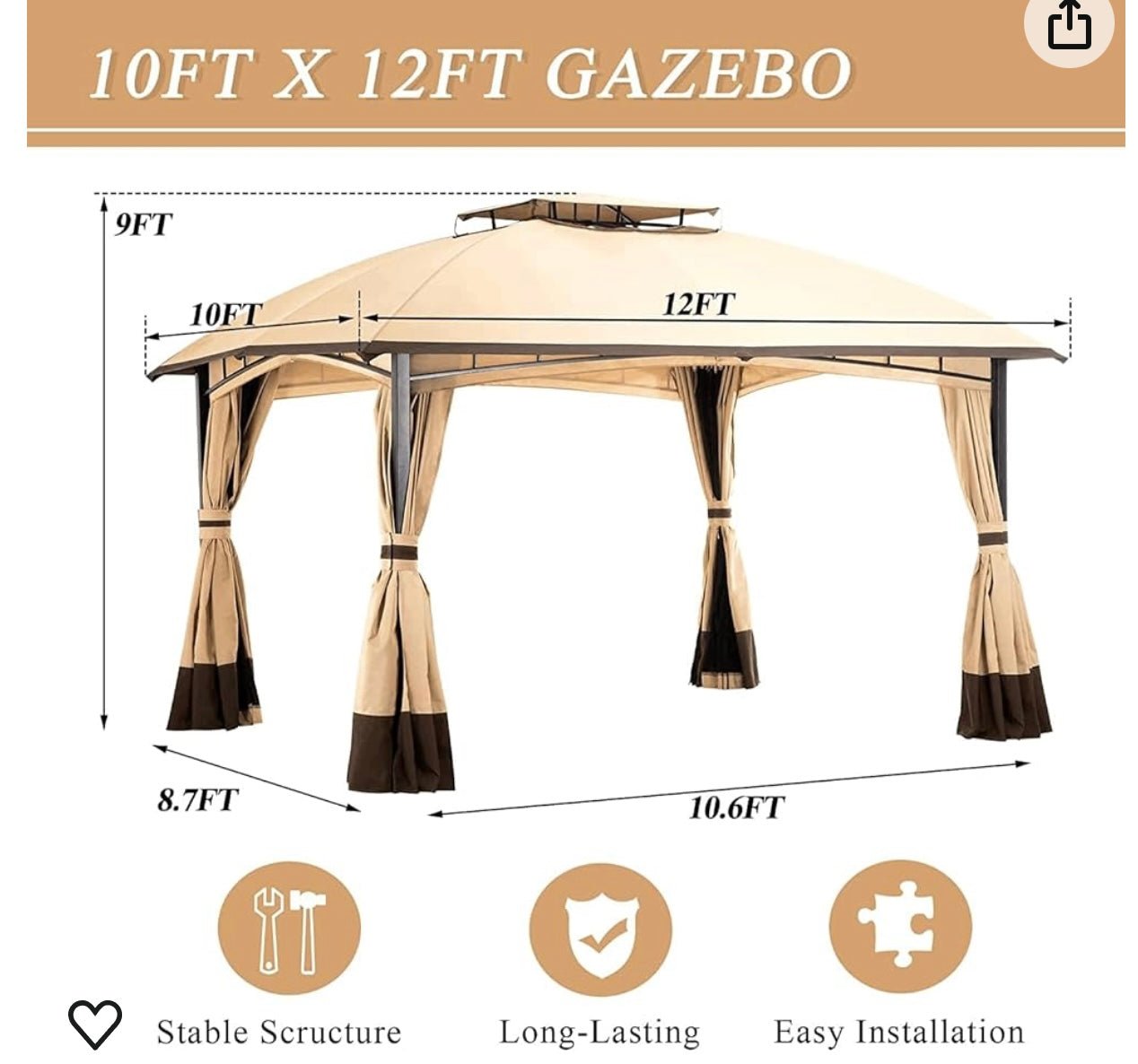 10’x 12’ Allen and Roth Inspired Outdoor Gazebo, Double Roof Patio Gazebo with Netting and Curtains, Metal Frame Outdoor Patio Canopy for Deck Backyard Garden Lawns