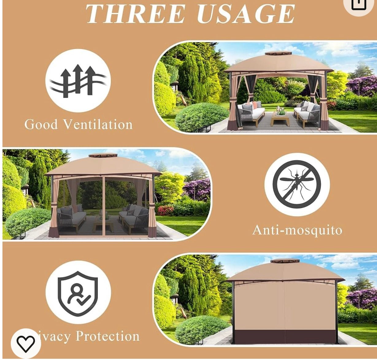 10’x 12’ Allen and Roth Inspired Outdoor Gazebo, Double Roof Patio Gazebo with Netting and Curtains, Metal Frame Outdoor Patio Canopy for Deck Backyard Garden Lawns