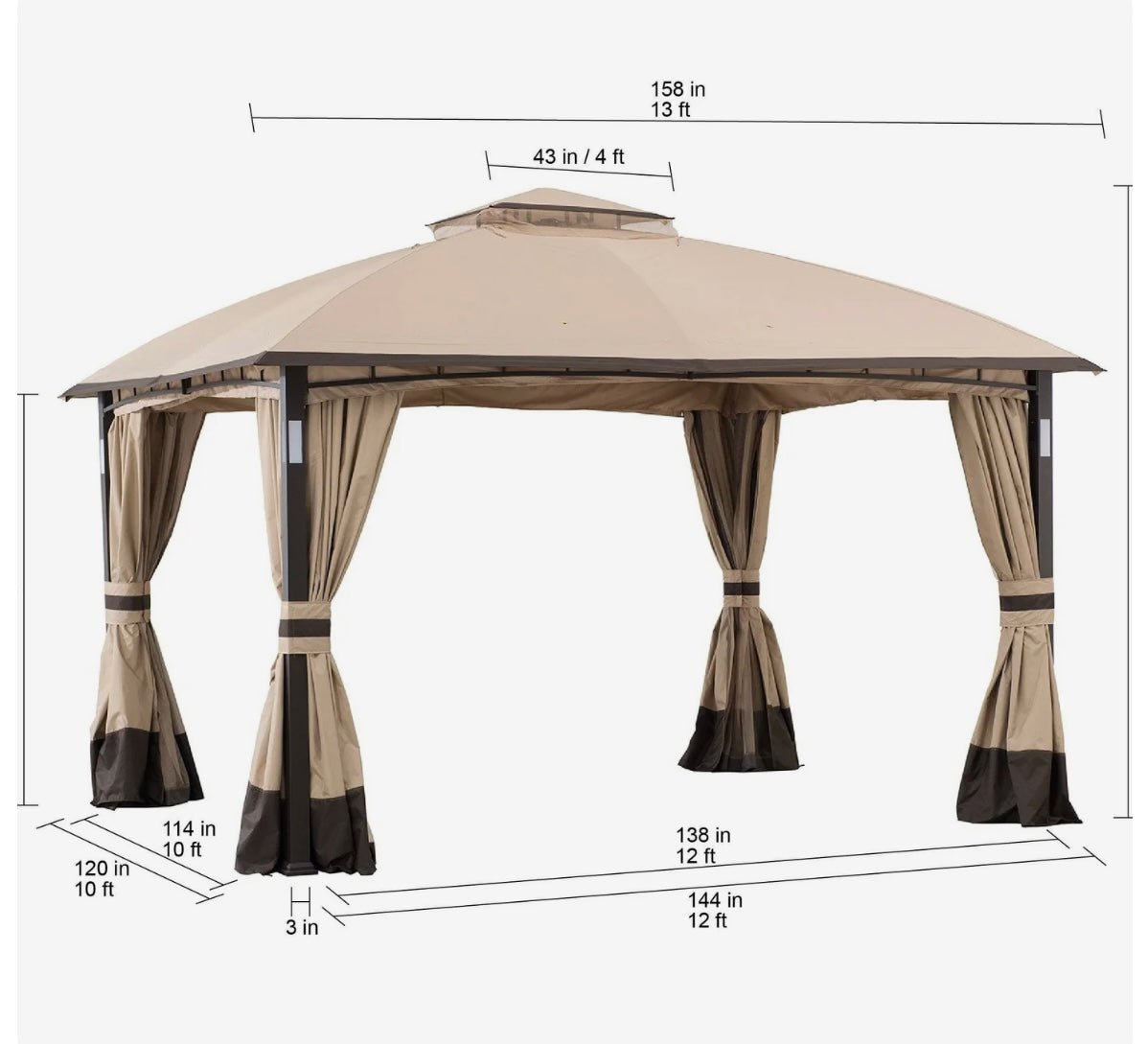 10x12 Steel Frame Brown Gazebo with LED Light and Bluetooth speaker
