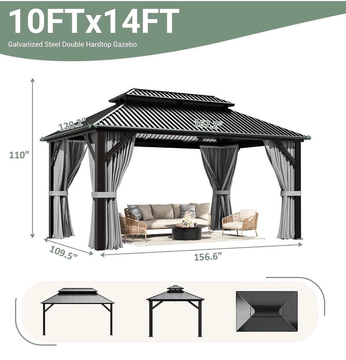 10'x14' Hardtop Aluminum Gazebo with Curtains & Netting Dark Grey
Heavy-Duty Aluminum Frame, Double Galvanized Steel Roof, Permanent Outdoor Canopy with Curtains & Netting, All-Weather