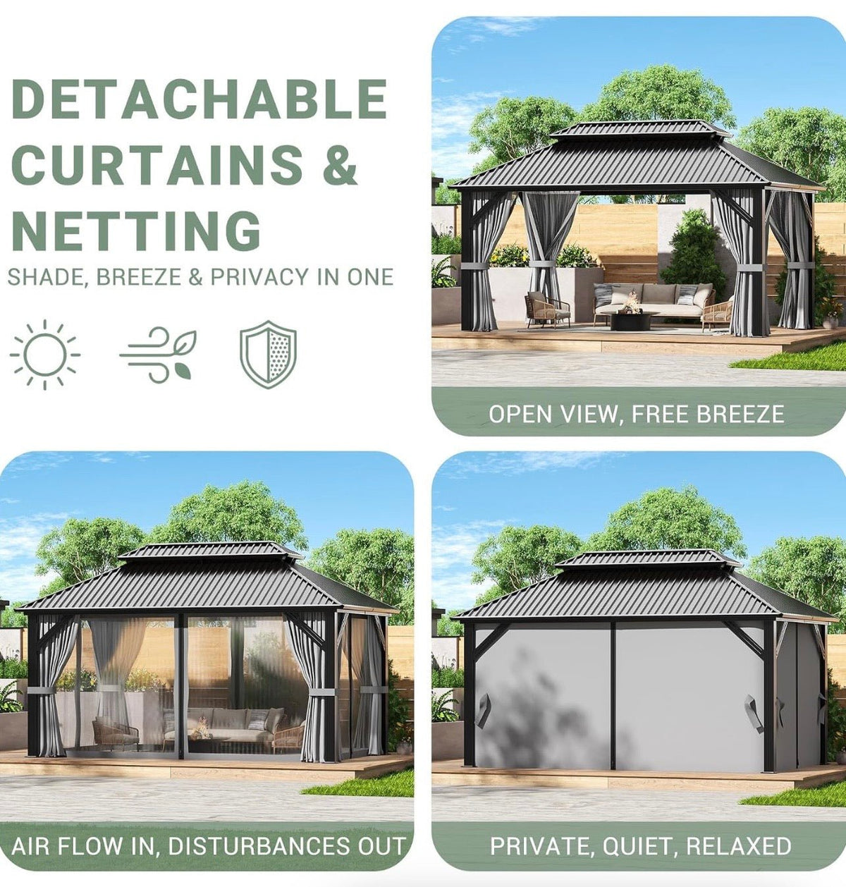 10'x14' Hardtop Aluminum Gazebo with Curtains & Netting Dark Grey
Heavy-Duty Aluminum Frame, Double Galvanized Steel Roof, Permanent Outdoor Canopy with Curtains & Netting, All-Weather