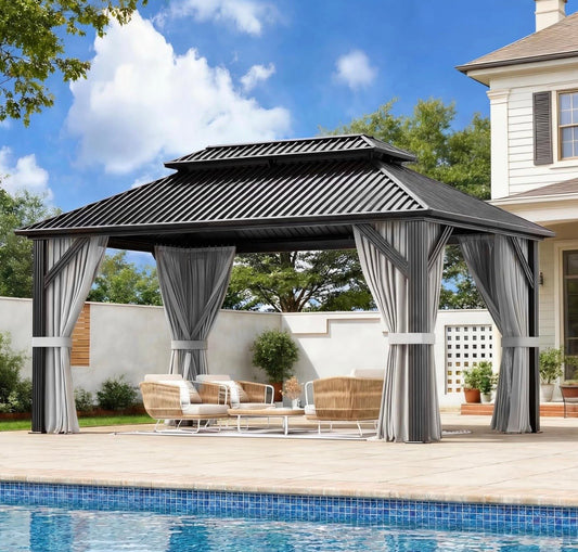 10'x14' Hardtop Aluminum Gazebo with Curtains & Netting Dark Grey
Heavy-Duty Aluminum Frame, Double Galvanized Steel Roof, Permanent Outdoor Canopy with Curtains & Netting, All-Weather