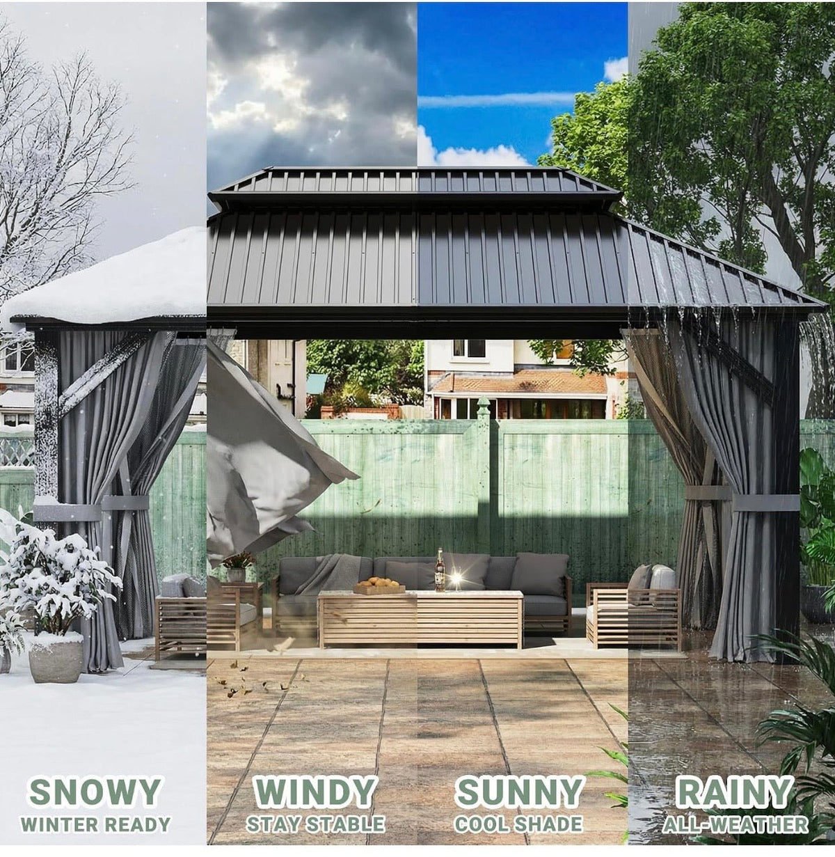 10'x14' Hardtop Aluminum Gazebo with Curtains & Netting Dark Grey
Heavy-Duty Aluminum Frame, Double Galvanized Steel Roof, Permanent Outdoor Canopy with Curtains & Netting, All-Weather