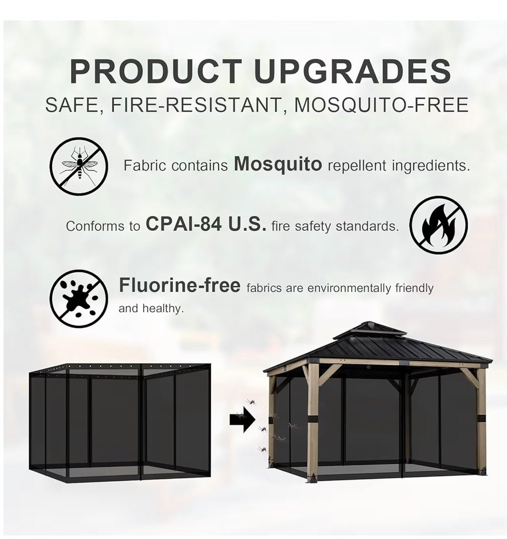 12' x 12' Gazebo Universal Mosquito Netting Screen Replacement, 4-Panel Mesh Screen Walls with Double Zippers for Outdoor Patio, Black (Mosquito Net Only)