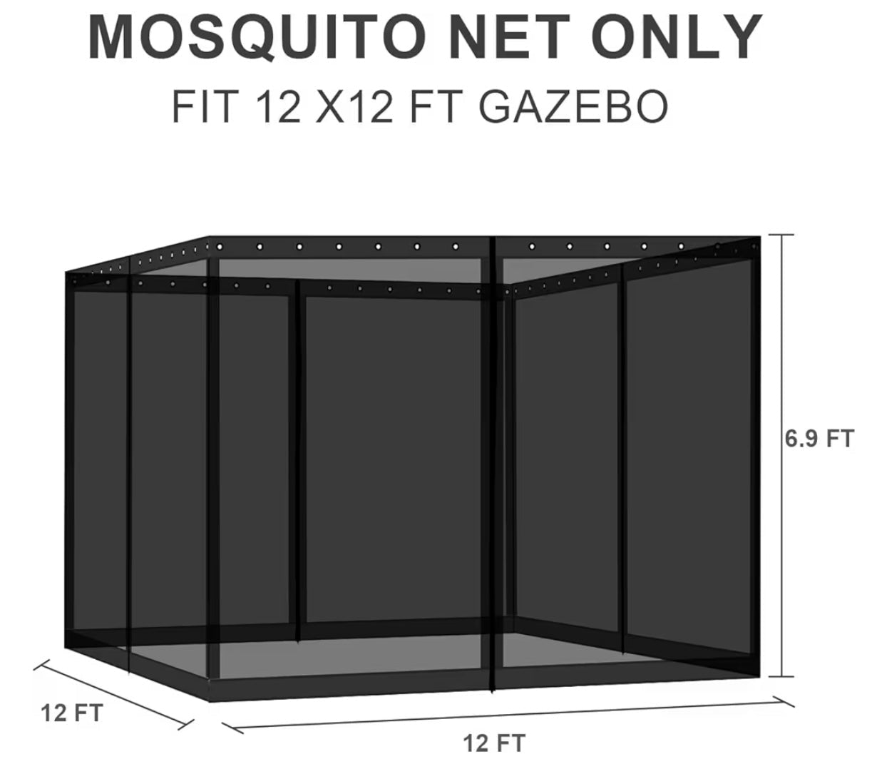 12' x 12' Gazebo Universal Mosquito Netting Screen Replacement, 4-Panel Mesh Screen Walls with Double Zippers for Outdoor Patio, Black (Mosquito Net Only)