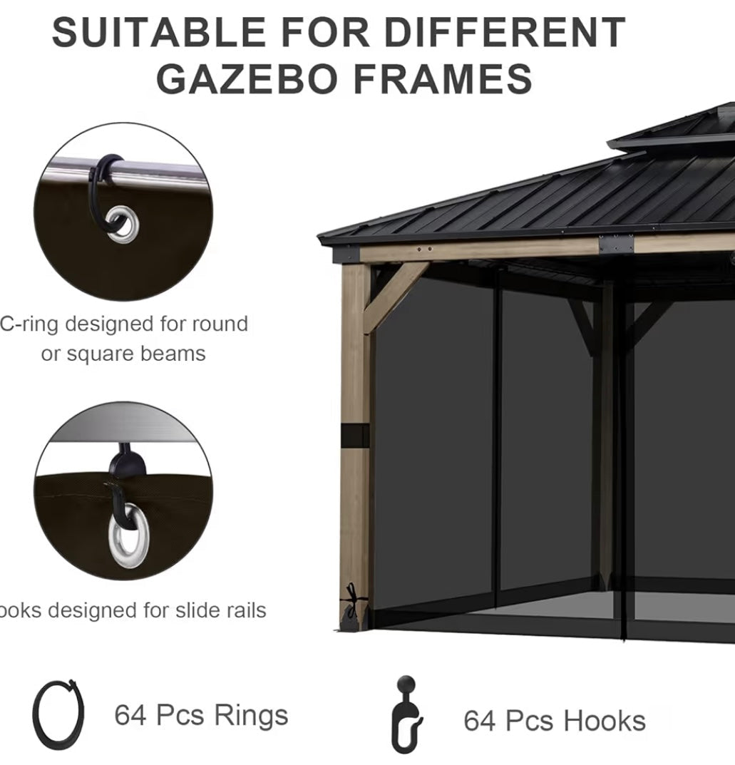 12' x 12' Gazebo Universal Mosquito Netting Screen Replacement, 4-Panel Mesh Screen Walls with Double Zippers for Outdoor Patio, Black (Mosquito Net Only)