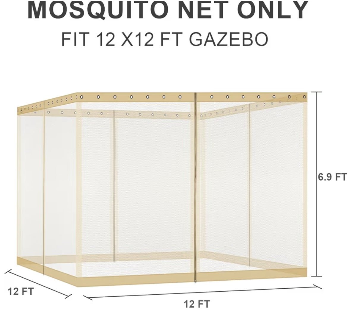 12' x 12' Gazebo Universal Mosquito Netting Screen Replacement, 4-Panel Screen Walls with Double Zippers for Outdoor Patio, Khaki (Mosquito Net Only)