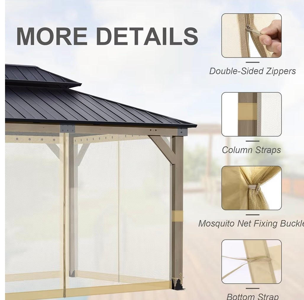 12' x 12' Gazebo Universal Mosquito Netting Screen Replacement, 4-Panel Screen Walls with Double Zippers for Outdoor Patio, Khaki (Mosquito Net Only)