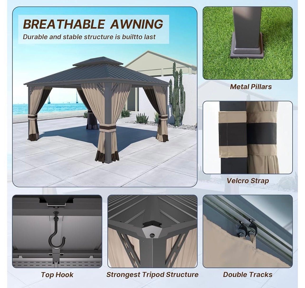 12' x 14' Khaki Hardtop Gazebo with Curtains and Netting, Double Roof Iron Metal Pergola for Patio, Garden, Law
