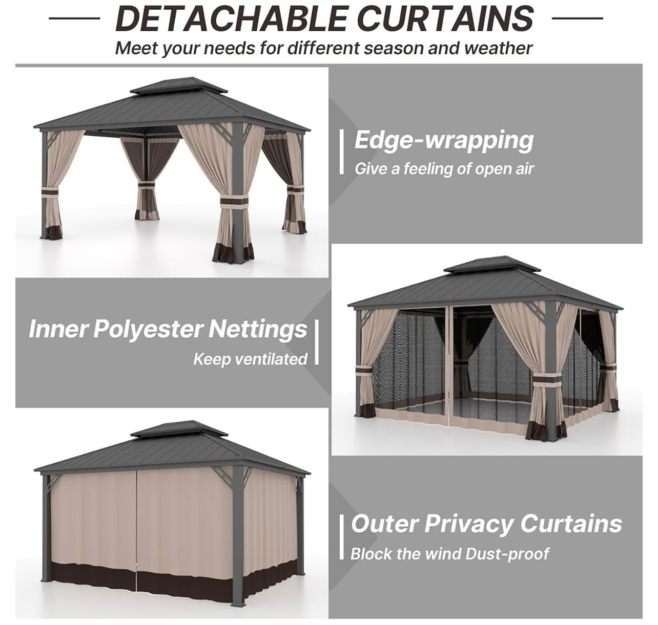 12' x 14' Khaki Hardtop Gazebo with Curtains and Netting, Double Roof Iron Metal Pergola for Patio, Garden, Law