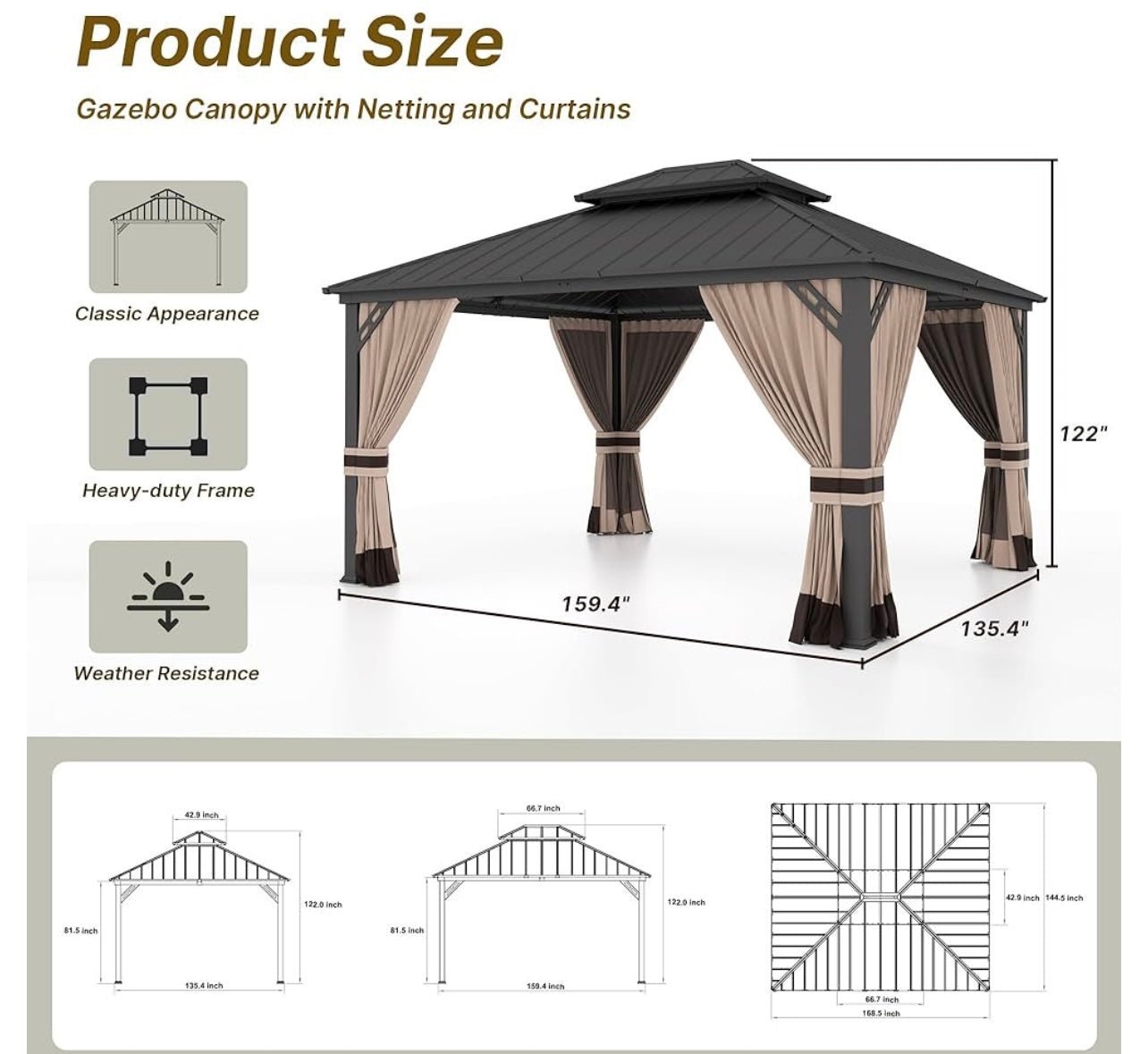 12' x 14' Khaki Hardtop Gazebo with Curtains and Netting, Double Roof Iron Metal Pergola for Patio, Garden, Law