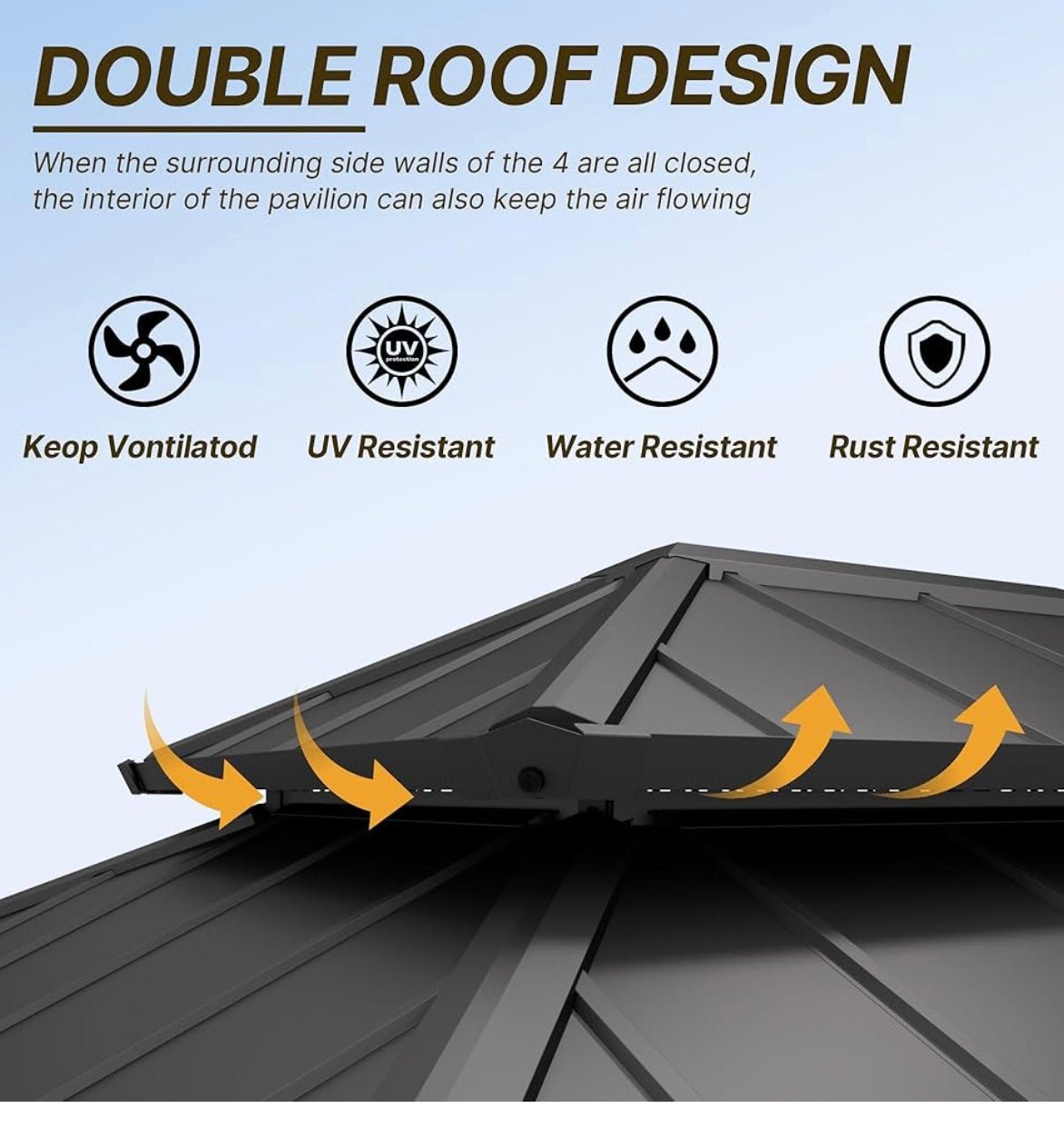 12' x 14' Khaki Hardtop Gazebo with Curtains and Netting, Double Roof Iron Metal Pergola for Patio, Garden, Law