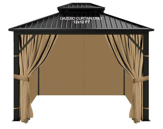 12'x12' Gazebo Curtains Outdoor Waterproof, Khaki Universal Replacement Curtain 4-Panels, Sidewalls with Zipper for Garden, Patio, Yard (Only Curtains)