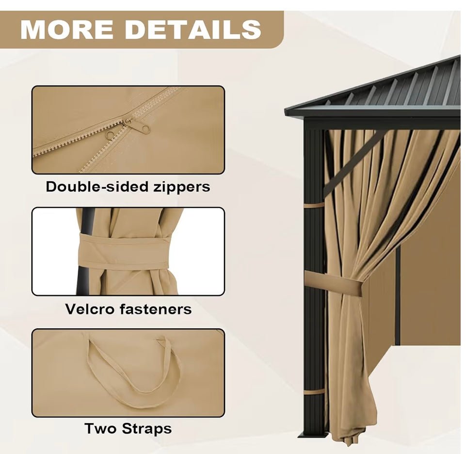 12'x12' Gazebo Curtains Outdoor Waterproof, Khaki Universal Replacement Curtain 4-Panels, Sidewalls with Zipper for Garden, Patio, Yard (Only Curtains)