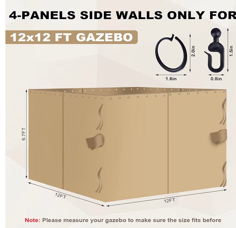 12'x12' Gazebo Curtains Outdoor Waterproof, Khaki Universal Replacement Curtain 4-Panels, Sidewalls with Zipper for Garden, Patio, Yard (Only Curtains)