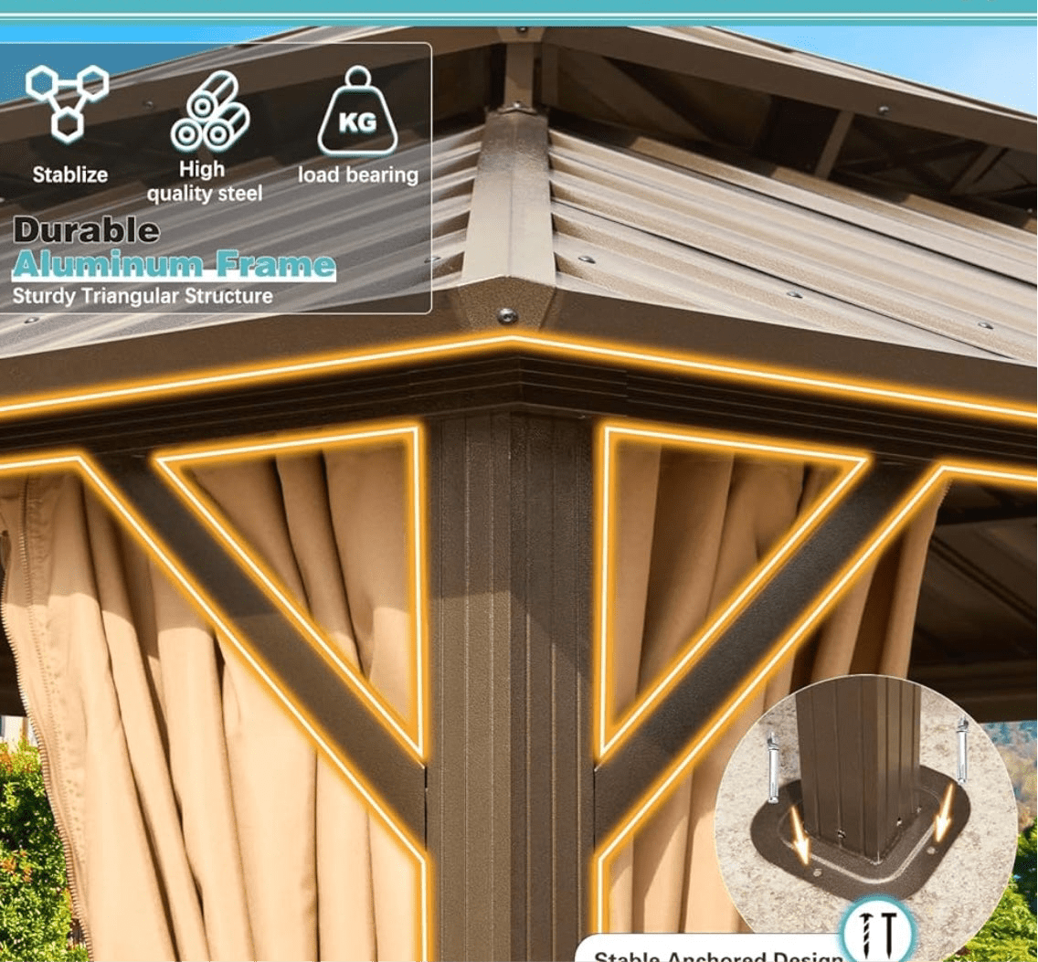 10' x 10' Hardtop Gazebo with Aluminum Frame and Galvanized Steel Double Roof
Gazebos, Permanent, Outdoor, Metal Pavilion, with Curtain and Netting, for Patio, Lawn, Deck