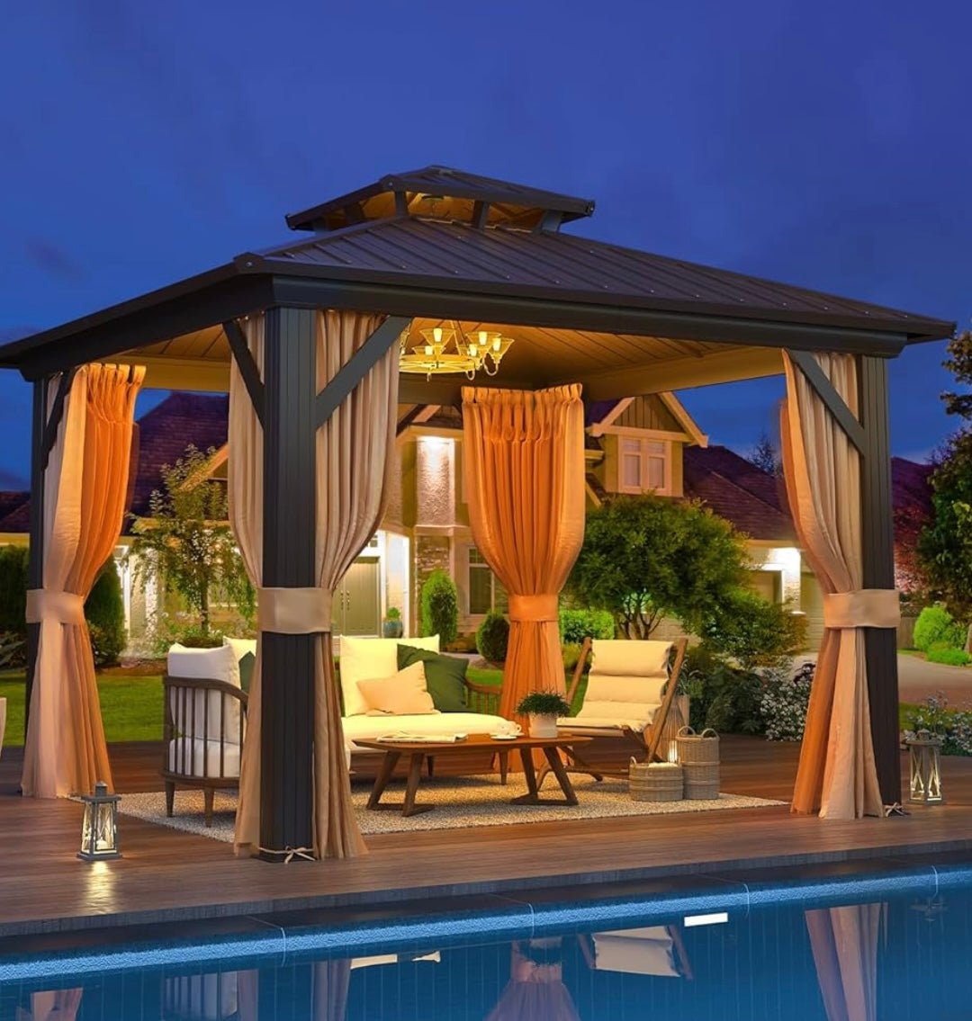 10' x 10' Hardtop Gazebo with Aluminum Frame and Galvanized Steel Double Roof
Gazebos, Permanent, Outdoor, Metal Pavilion, with Curtain and Netting, for Patio, Lawn, Deck