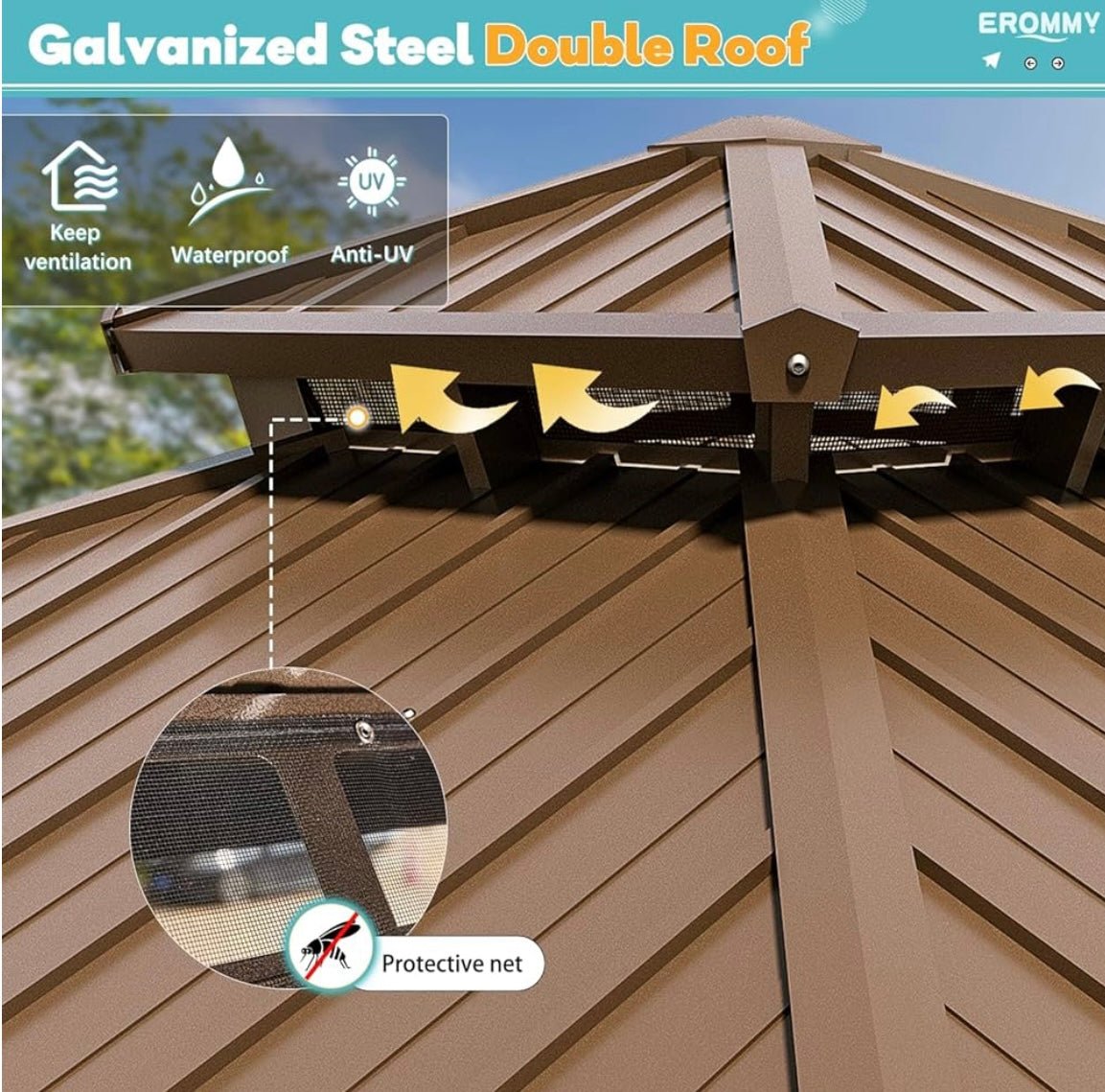 10' x 10' Hardtop Gazebo with Aluminum Frame and Galvanized Steel Double Roof
Gazebos, Permanent, Outdoor, Metal Pavilion, with Curtain and Netting, for Patio, Lawn, Deck