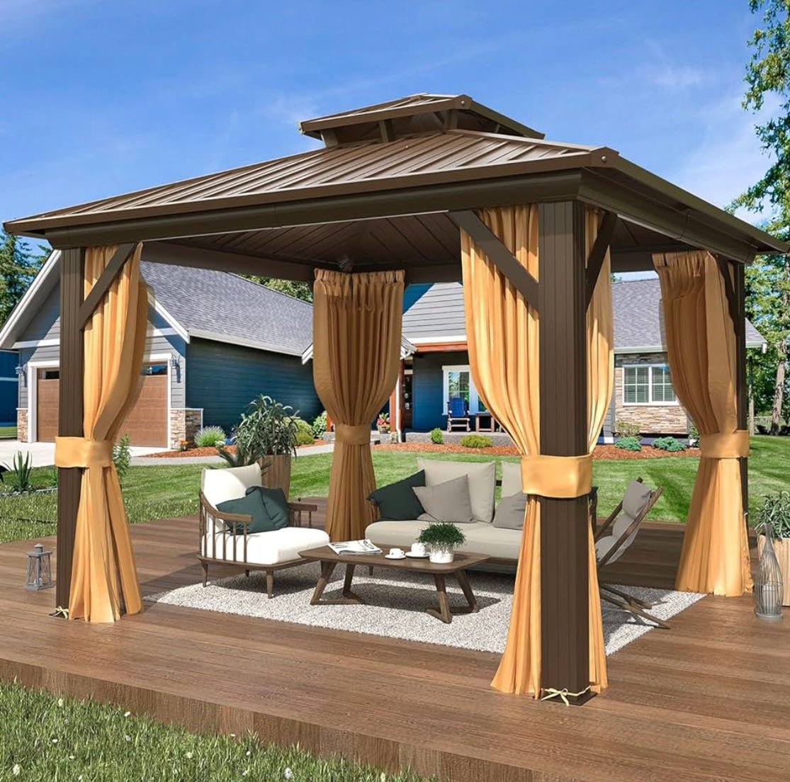 10' x 10' Hardtop Gazebo with Aluminum Frame and Galvanized Steel Double Roof
Gazebos, Permanent, Outdoor, Metal Pavilion, with Curtain and Netting, for Patio, Lawn, Deck