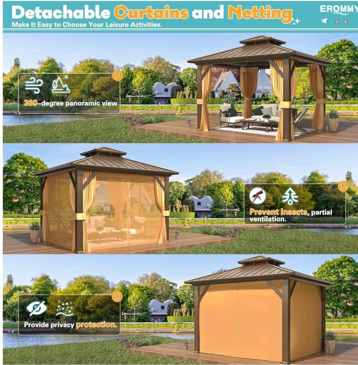 10' x 10' Hardtop Gazebo with Aluminum Frame and Galvanized Steel Double Roof
Gazebos, Permanent, Outdoor, Metal Pavilion, with Curtain and Netting, for Patio, Lawn, Deck