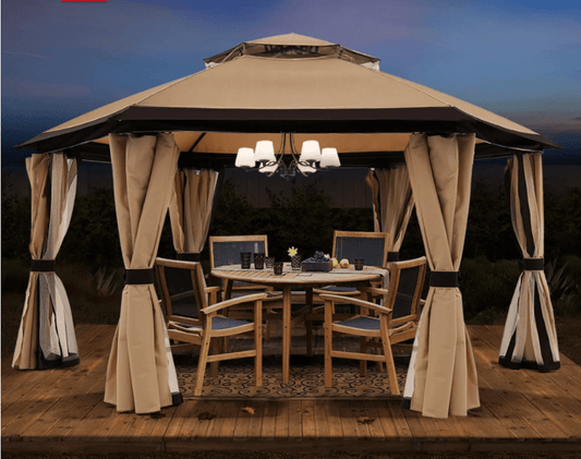 13’x13’ Gazebos for Patios, Outdoor Hexagonal Gazebo with Netting and Privacy Curtains for Garden, Patio, Backyard