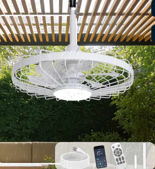 20 Inch White Outdoor Waterproof Caged Ceiling Fan with Light Plug-in Dimmable Remote and App Dual Control 6-Speed for Patios Porches Gazebos