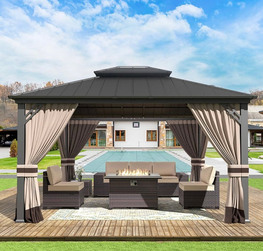 12' x 14' Khaki Hardtop Gazebo with Curtains and Netting, Double Roof Iron Metal Pergola for Patio, Garden, Law