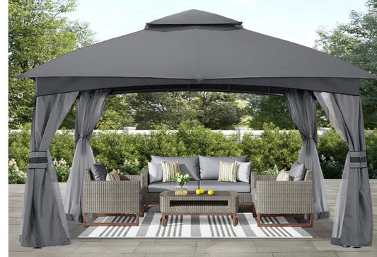 Allen and Roth inspired 10x12 Patio Dome Gazebo w/Mosquito Netting, Two-Tier Vented Top for Backyard Garden Lawn Dark Gray