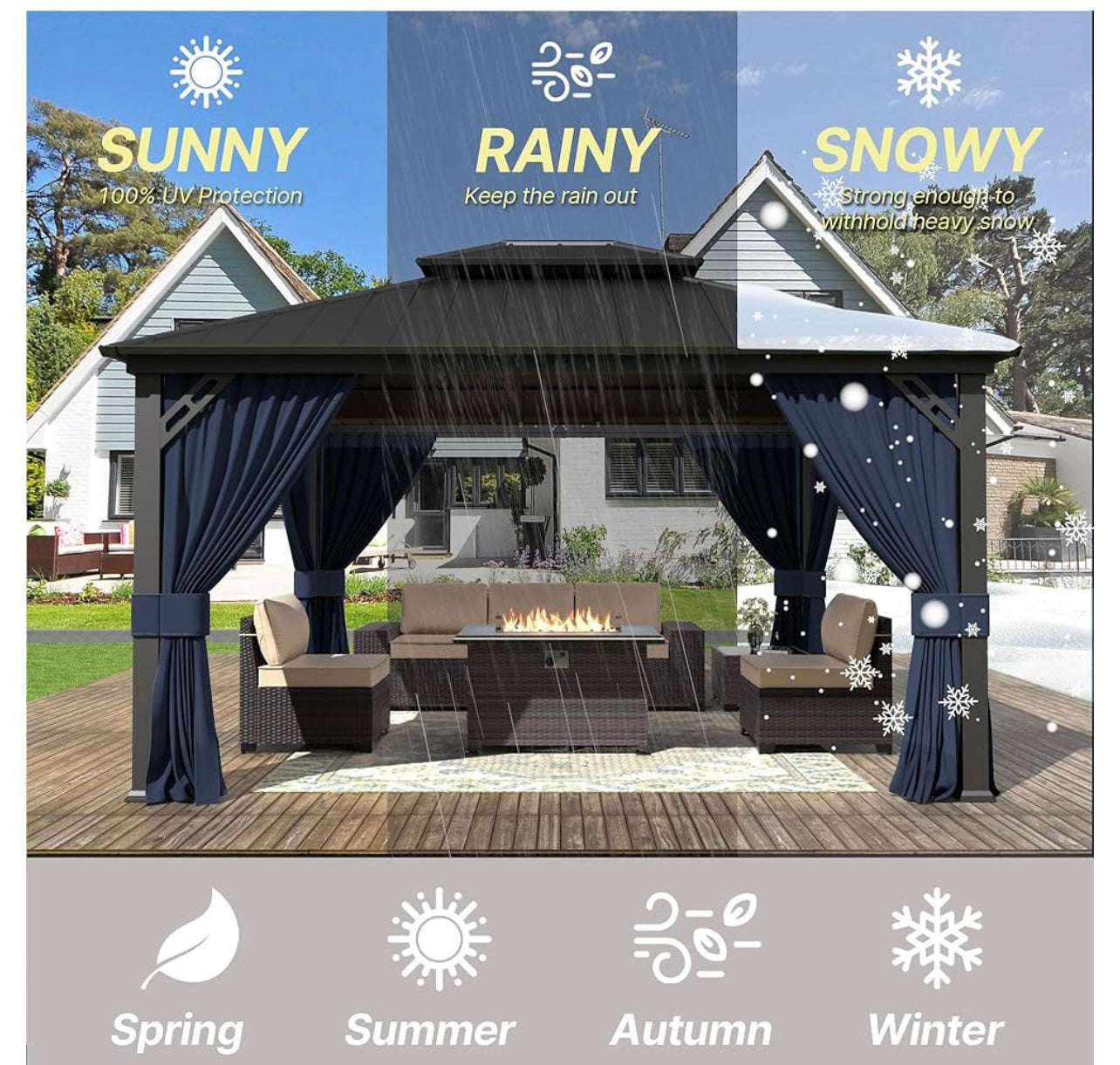 12' x 14' Navy Hardtop Gazebo with Curtains and Netting, Double Roof Iron Metal Pergola for Patio, Garden, Law