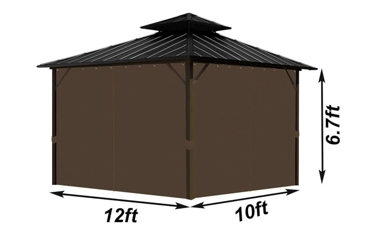 10'x12' Gazebo Curtains Outdoor Waterproof, Brown Universal Replacement Curtain 4-Panels, Sidewalls with Zipper for Garden, Patio, Yard (Only Curtains)