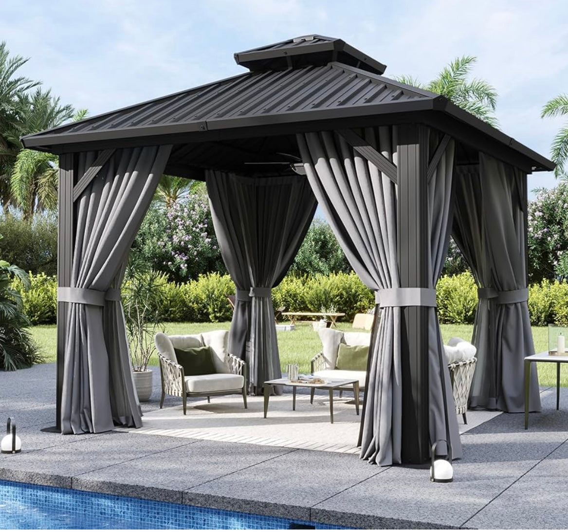 10'x10' Hardtop Gazebo, Aluminum Frame Canopy with Double Galvanized Steel Roof, Outdoor Metal Pavilion with Netting, Curtains for Backyard, Patio and Deck