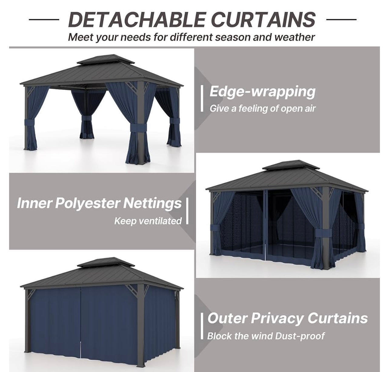 12' x 14' Navy Hardtop Gazebo with Curtains and Netting, Double Roof Iron Metal Pergola for Patio, Garden, Law