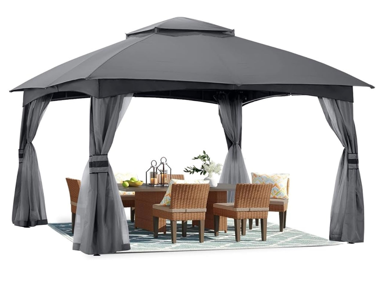 Allen and Roth inspired 10x12 Patio Dome Gazebo w/Mosquito Netting, Two-Tier Vented Top for Backyard Garden Lawn Dark Gray