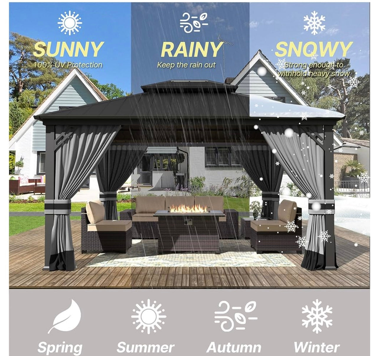 12' x 14' Gray Hardtop Gazebo with Curtains and Netting, Double Roof Iron Metal Pergola for Patio, Garden, Law