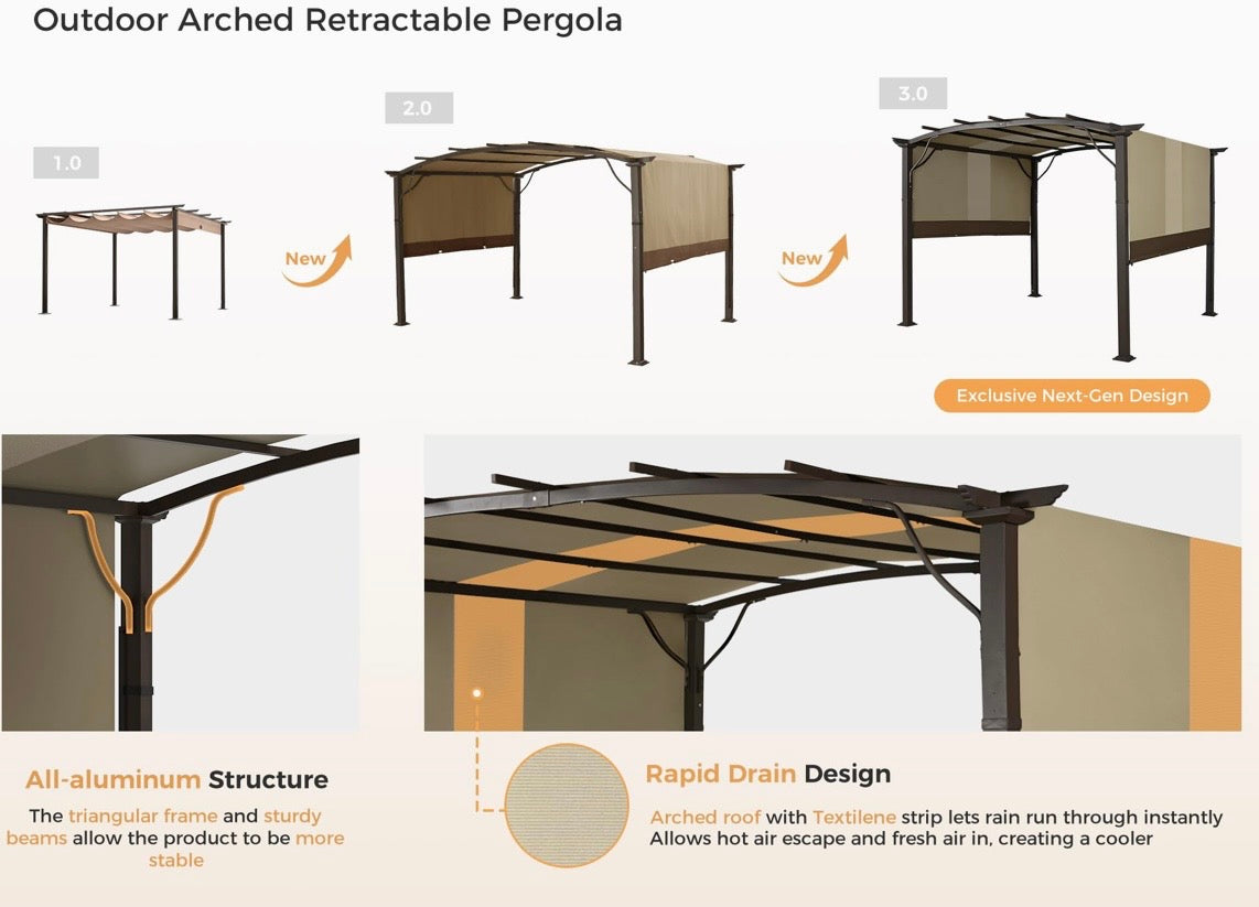 10' x10' Outdoor Retractable Pergola, Aluminum Pergola with Canopy Fixed in Various Positions, Arched Roof with Sun Shade Canopy, Metal Frame for Backyards, Gardens(Brown)