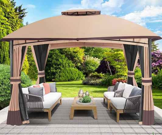 10’x 12’ Allen and Roth Inspired Outdoor Gazebo, Double Roof Patio Gazebo with Netting and Curtains, Metal Frame Outdoor Patio Canopy for Deck Backyard Garden Lawns