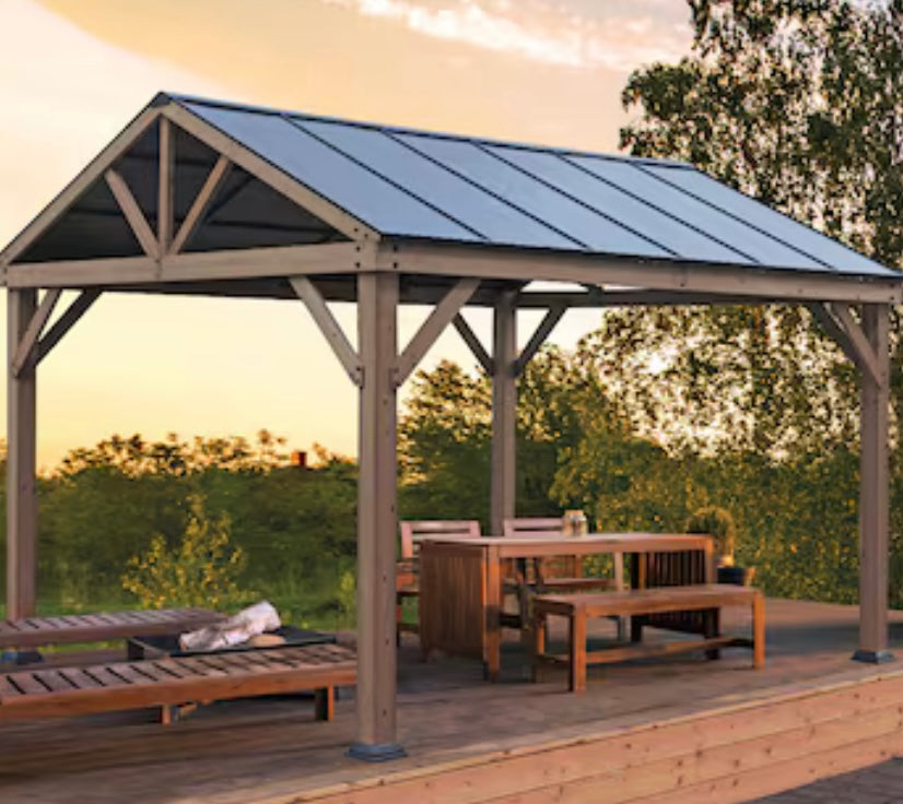 allen + roth 10-ft x 12-ft Light Brown Cedar Wood Frame Gazebo with Hardtop Roof TPGAZ2341 Mosquito Netting