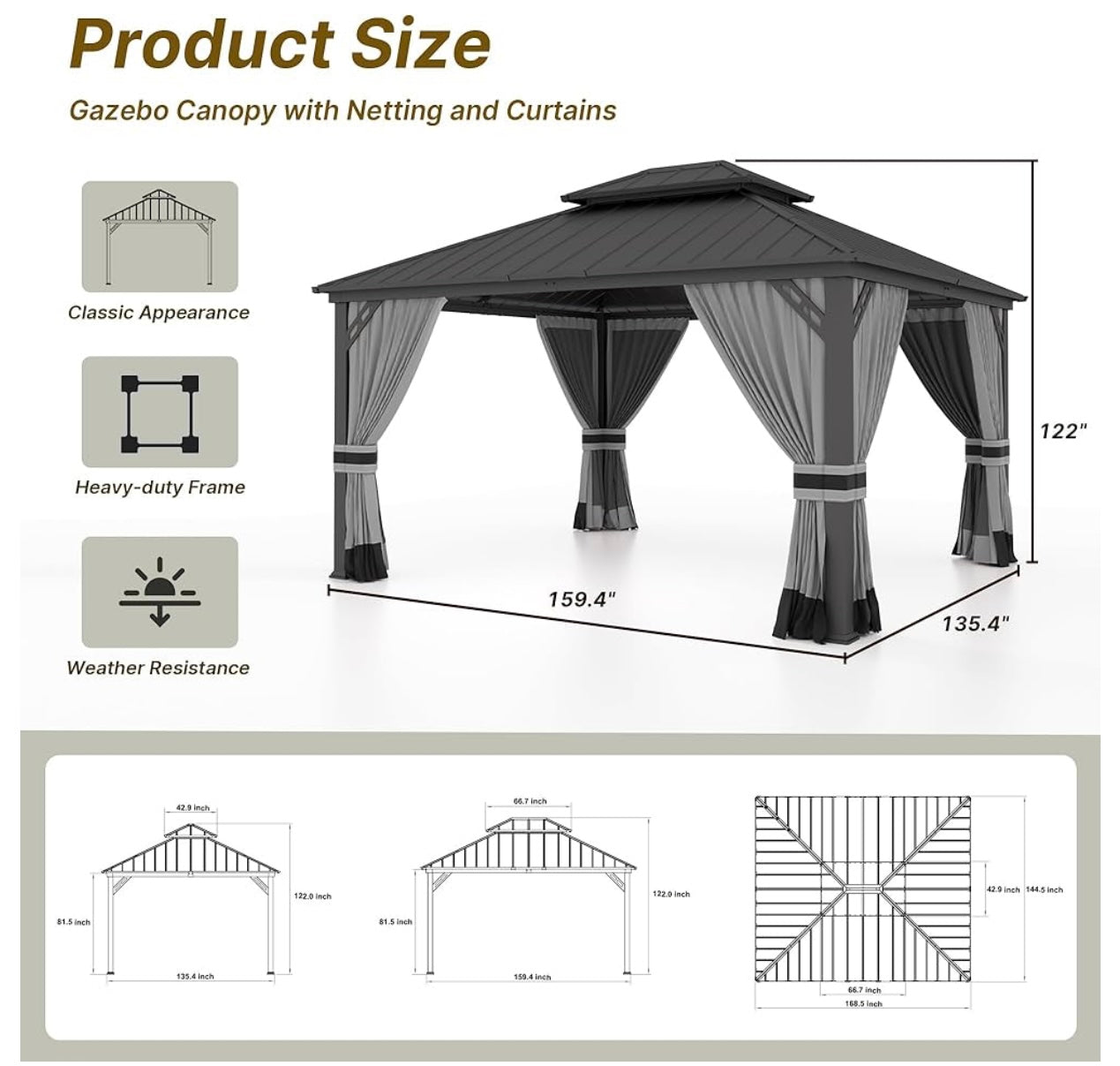 12' x 14' Gray Hardtop Gazebo with Curtains and Netting, Double Roof Iron Metal Pergola for Patio, Garden, Law