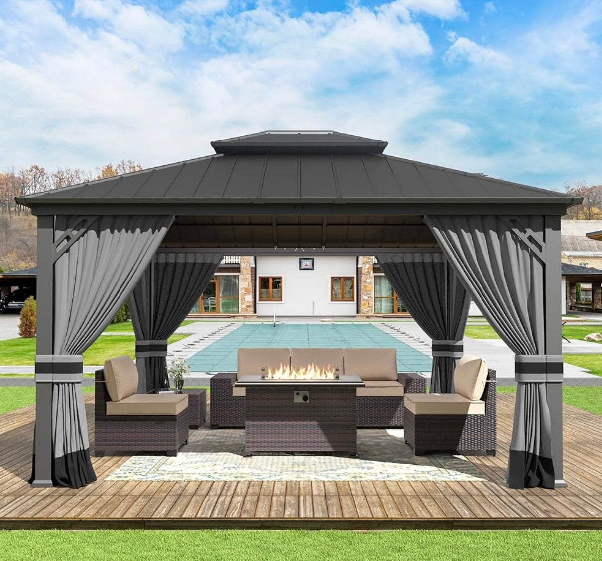 12' x 14' Gray Hardtop Gazebo with Curtains and Netting, Double Roof Iron Metal Pergola for Patio, Garden, Law